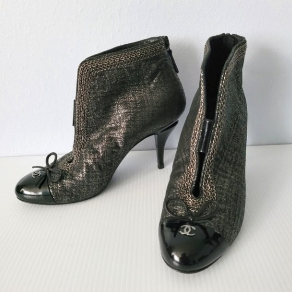 CHANEL Black Metallic Fabric & Patent Leather Ankle Booties